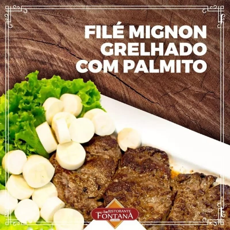 3 medalhões de filé mignon com palmito, arroz e batata frita.