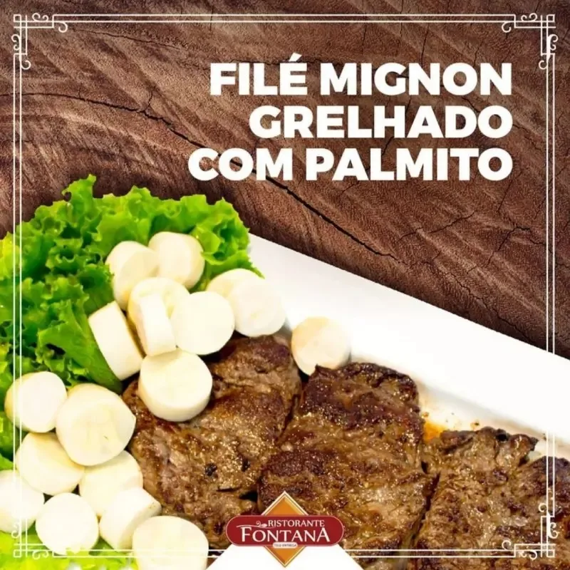 3 medalhões de filé mignon com palmito, arroz e batata frita.